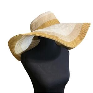 August Tan and Cream Wide Brim Floppy Hat resort wear bohemian garden girl beach